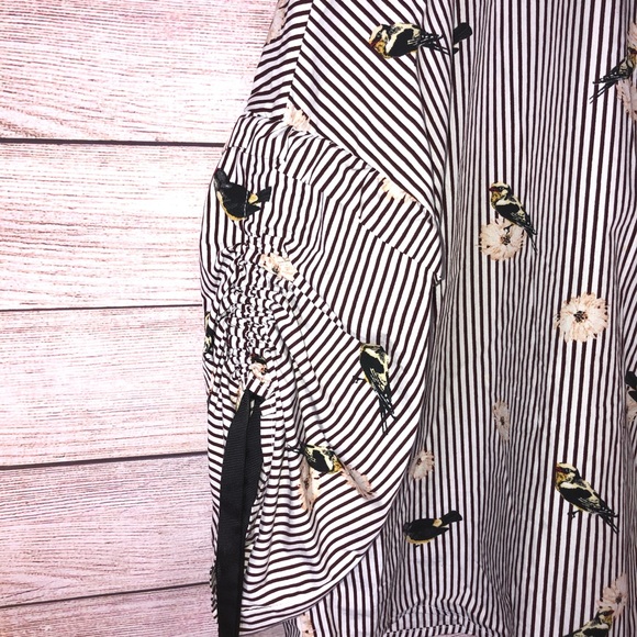 Nanette Lepore Striped Cotton Floral Birds Blouse - Picture 2 of 8